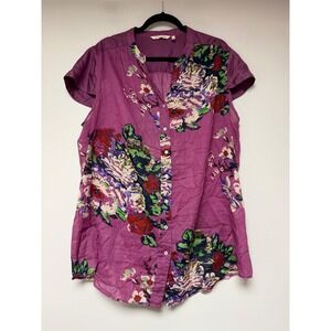 Soft Surroundings 1X Floral Print V Neck Button Front Tunic Top Purple Silk
